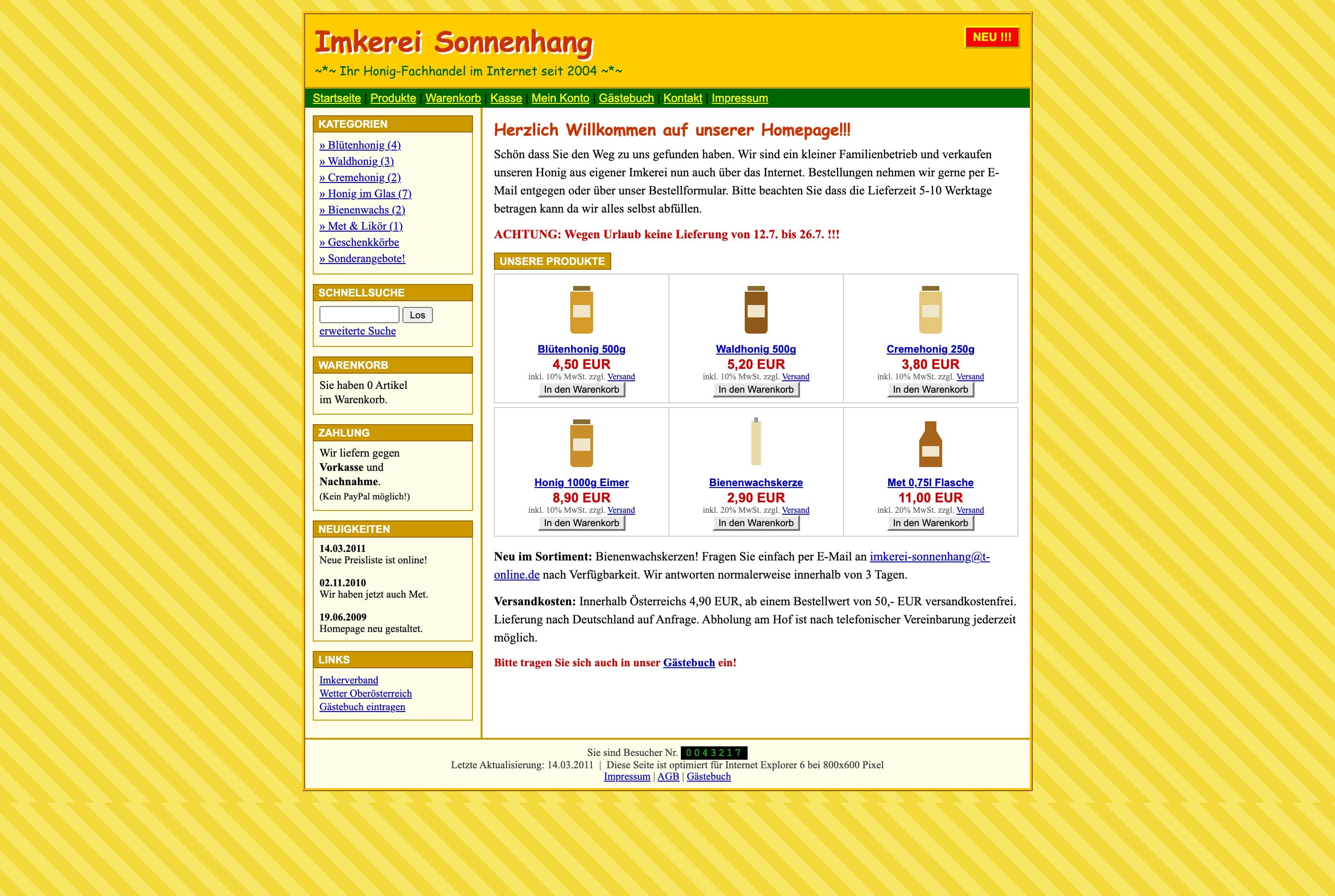 Gestaltungsbeispiel, fiktiver Betrieb: Online-Shop einer erfundenen Imkerei im Stil früherer Shops — gelb gekachelter Hintergrund, Comic-Schrift, blaue unterstrichene Links, winzige Produktbilder in einer Tabelle, Besucherzähler